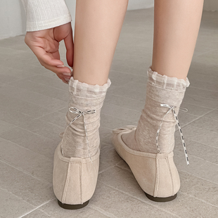 ins春夏薄款 蝴蝶结纽扣中筒日系花边jk洛丽塔学生布标堆堆袜子女