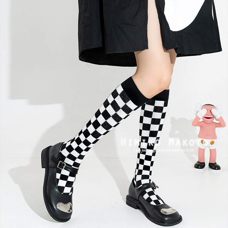 ins网红棋盘格中筒袜纯棉小腿袜黑白格子及膝潮袜学院风袜子女秋,女士内衣/男士内衣/家居服,长筒袜,淘宝优惠券,粉丝福利购,淘宝优惠卷