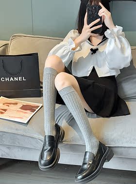 ins黑白小腿袜棉高筒日系春夏透气薄长筒袜女袜堆堆袜学院风灰色
