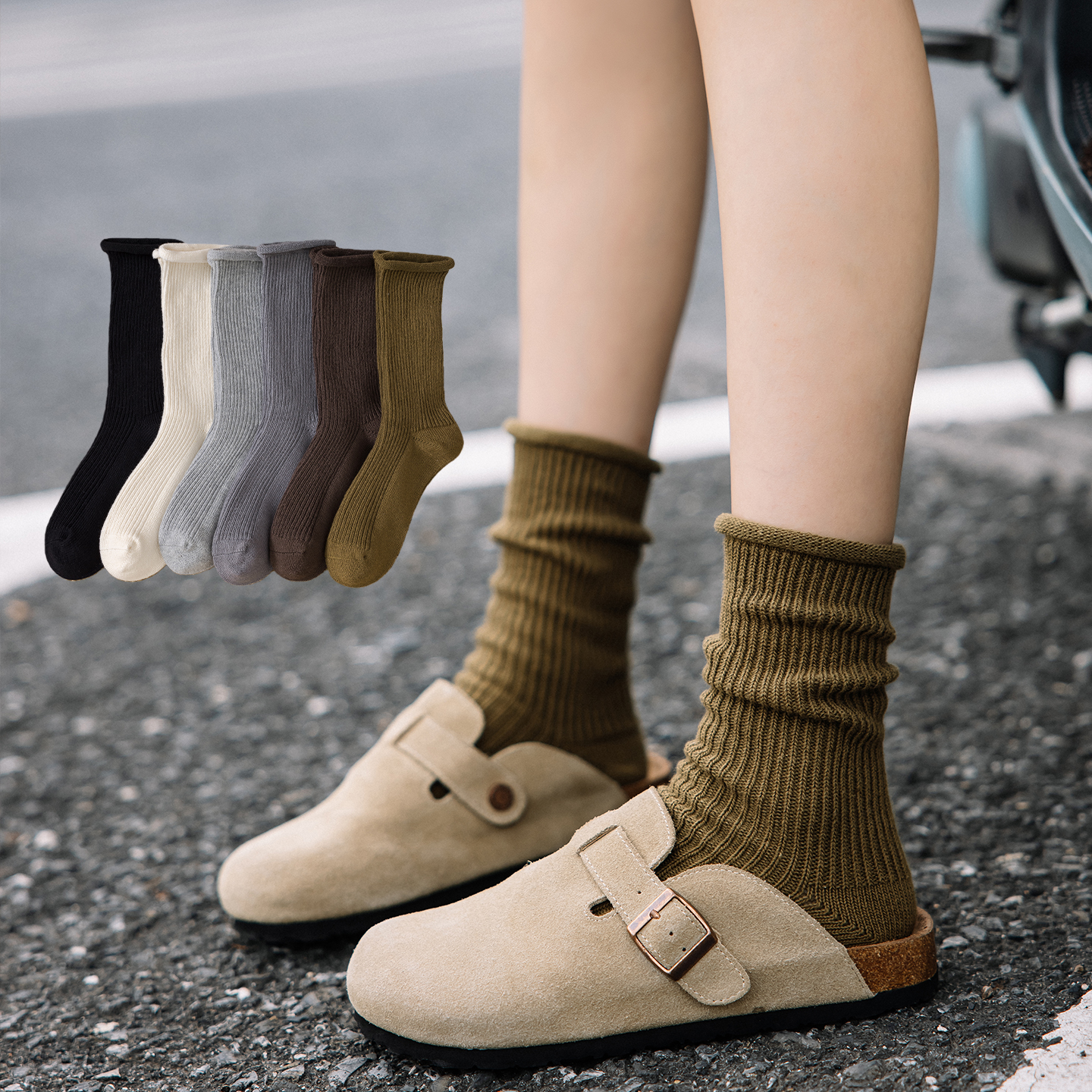 ins无骨秋冬针织加厚保暖卷边中筒日系原宿复古JK堆堆袜子女森系