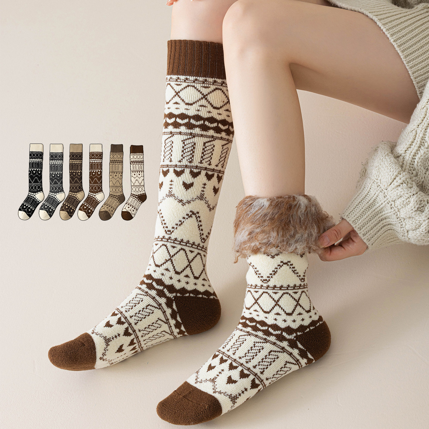 ins秋冬毛圈加绒加厚保暖小腿日韩系复古堆堆袜子女长筒及膝森系,女士内衣/男士内衣/家居服,长筒袜,淘宝优惠券,粉丝福利购,淘宝优惠卷