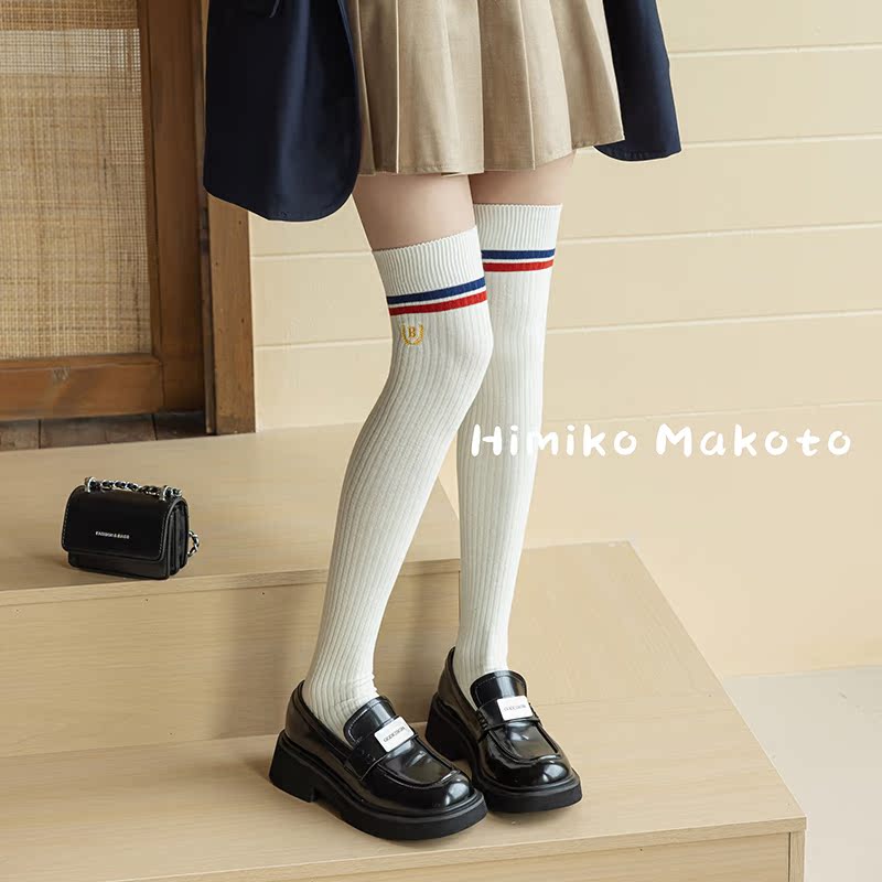 ins风双针刺绣纯棉过膝袜长筒袜条纹学院风高筒袜JK袜子女秋韩版