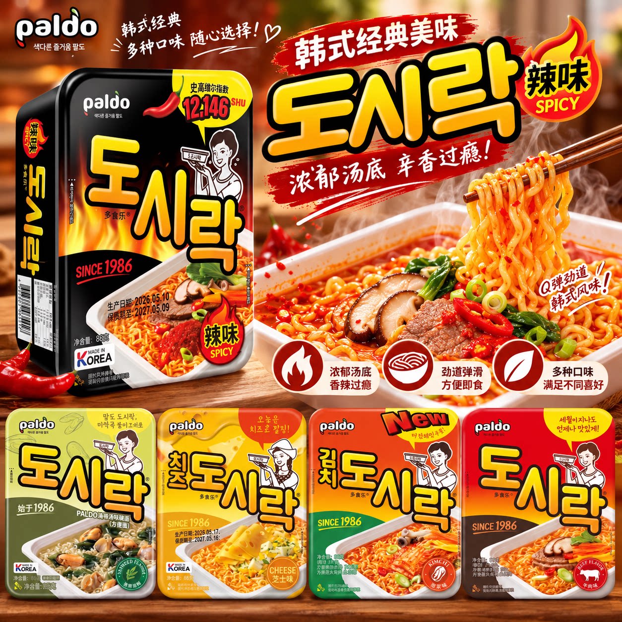 韩国进口paldo八道盒装方便面 多食乐超辣泡菜芝士味速食韩式泡面
