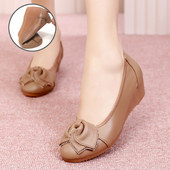 软皮牛筋底妈妈鞋 真皮软底不累脚女士皮鞋 子春秋时尚 坡跟浅口单鞋