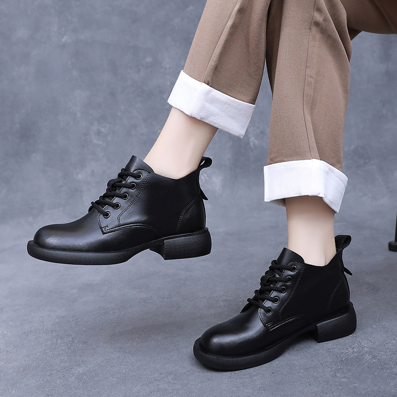 复古真皮深口单鞋女系带圆头低跟软底防滑妈妈鞋平底马丁靴短靴,女鞋,深口单鞋,淘宝优惠券,粉丝福利购,淘宝优惠卷