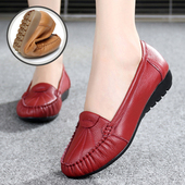 老人红鞋 春秋软皮妈妈鞋 软底休闲 中老年女式 皮鞋 真皮单鞋 女豆豆鞋