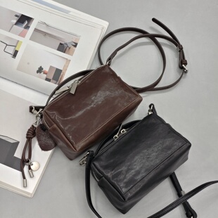 高级感复古咖色迷你手提包包2026春季 头层植鞣牛皮单肩斜挎包 新款