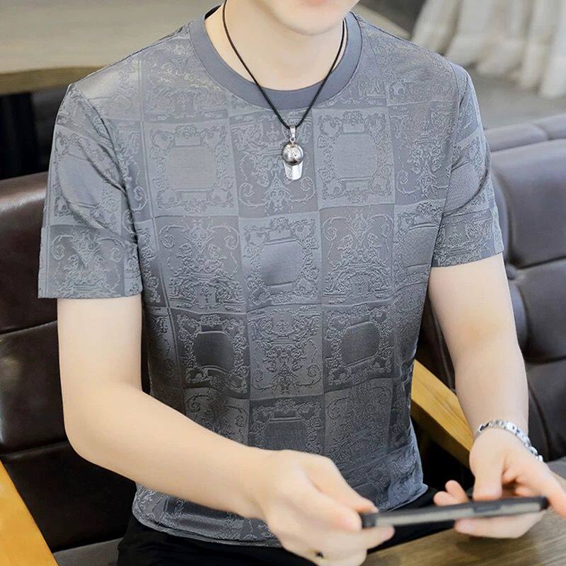 冰丝男短袖T恤夏季修身潮流半袖体恤提花简约青年百搭上衣打底衫