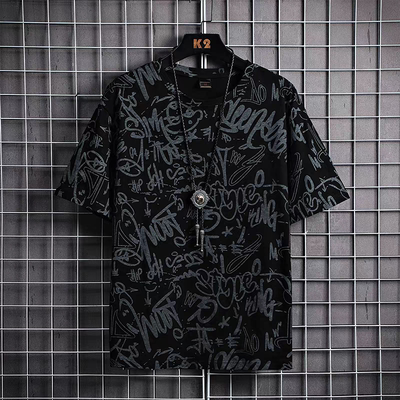 商场倒闭特价清仓短袖t恤男士夏季冰丝潮牌创意满印花半袖体恤男