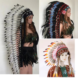 舞蹈印第安羽毛夸张长款 狂野酋长发饰彩色羽毛野人部落头饰舞台