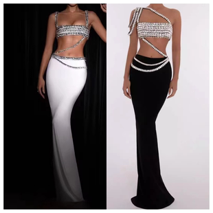 水钻垂感斜肩单肩之字型露腰两件套裙镶钻吊带小背心长裙套装