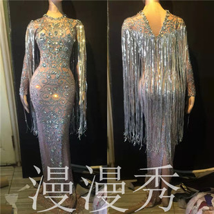 镶钻礼服欧美长裙满钻紧身女歌手主持人水钻连体裙服装舞台钻服装