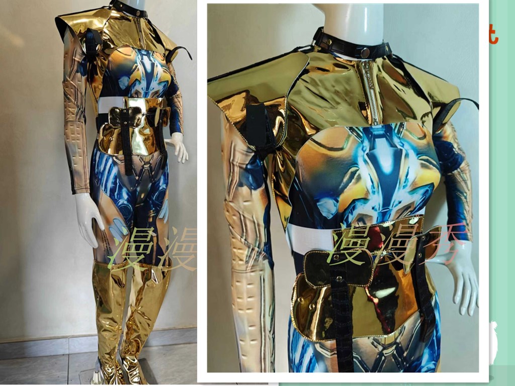 皮革金色未来战士盔甲演出服欧美DS舞美套装3D科技感弹力连体套装
