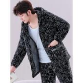 法兰绒家居服套装 维多利亚超厚三层夹棉睡衣冬天男款 加厚加绒男士