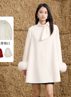 SWEETBASIL紫淑2025冬商场同款蝴蝶结女中长款公主风斗篷毛呢外套