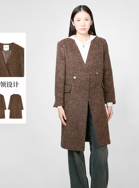 sweetbasil紫淑2025冬装新款毛呢外套女中长款V领双排扣毛呢大衣