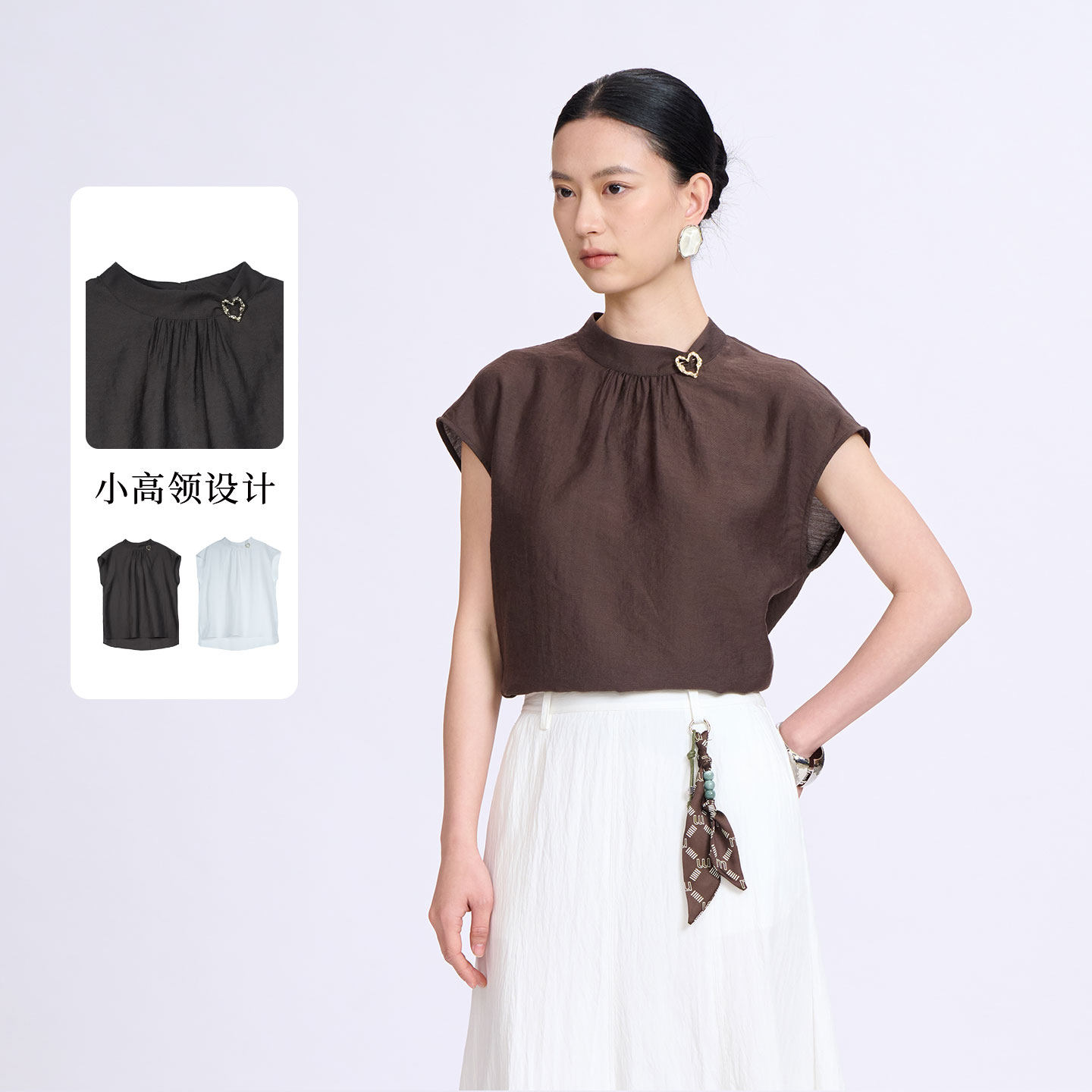 紫淑夏季无袖女小高领薄款衬衫