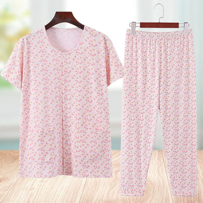 女棉对襟系扣短袖开衫睡裤套装