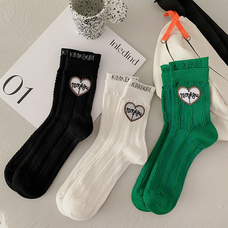 双层罗口爱心布标配饰袜子女薄棉春夏中筒袜网红韩国ins甜美长筒