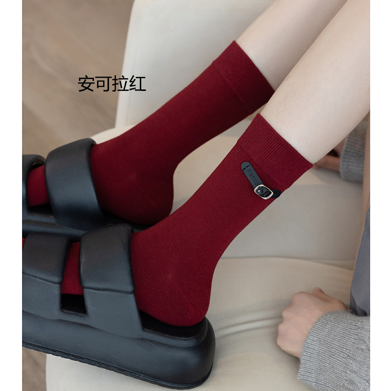 个性皮带饰品袜子女秋冬纯棉中筒袜韩国ins潮安可拉红色网红长筒