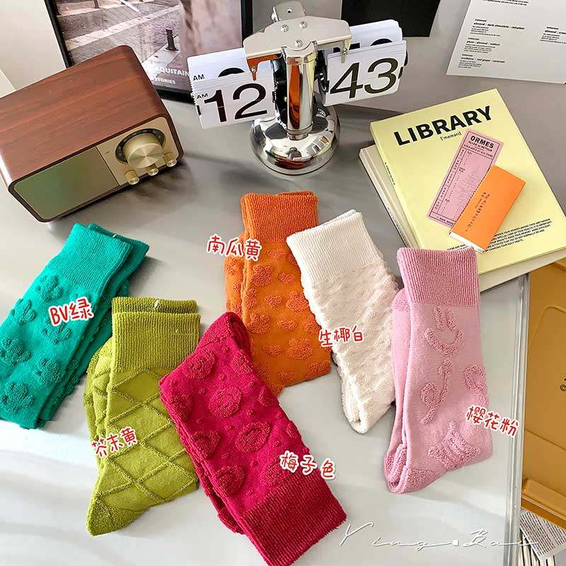 纯色毛圈袜子女冬季纯棉加厚中筒袜韩国ins潮百搭甜美外穿堆堆袜
