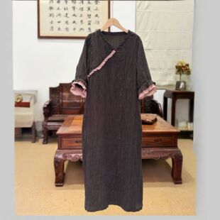 如素慢衣夏季新品铜氨丝皱V领气质显瘦连衣裙60301