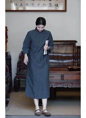 文艺复古日常新中式国风盘扣斜襟亚麻棉条纹连衣裙36412