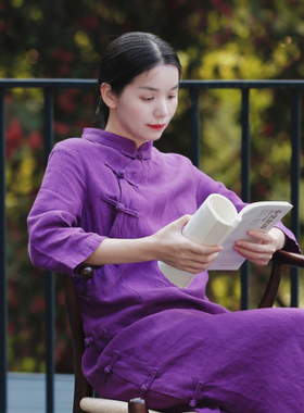 如素慢衣夏新款国风旗袍 皱感水洗亚麻全开斜襟盘扣连衣裙36372