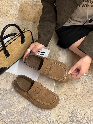 小妮家2026春秋韩版磨砂皮百搭圆头内增高懒人鞋女时尚休闲乐福鞋