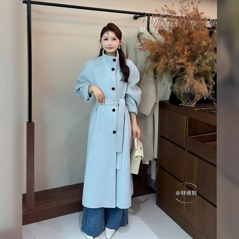 双面羊毛中长款系带毛呢外套