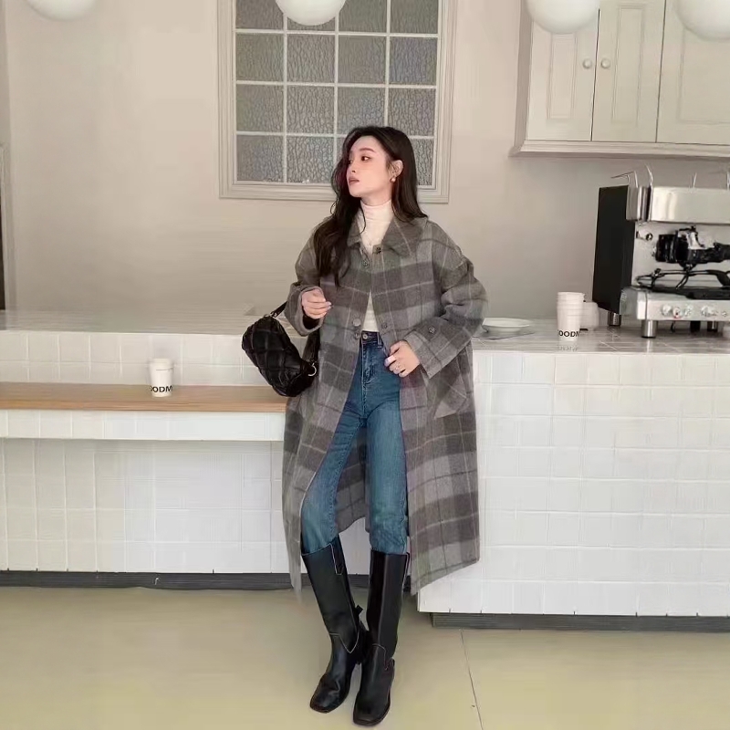 双面羊绒大衣女中长款过膝系带宽松休闲格子羊毛毛呢外套小个子潮