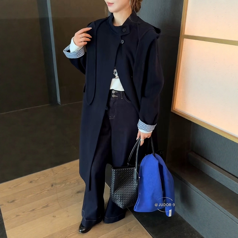 双面羊毛呢连帽中长款大衣女