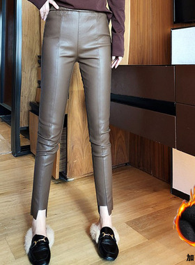 高腰显瘦小脚加绒皮裤女外穿2025秋冬松紧腰九分裤pu亚光打底裤子