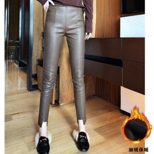 高腰显瘦小脚加绒皮裤女外穿2025秋冬松紧腰九分裤pu亚光打底裤子