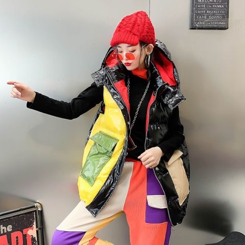拼色亮面连帽棉马甲女冬新款加厚时尚宽松无袖羽绒棉服马夹背心潮