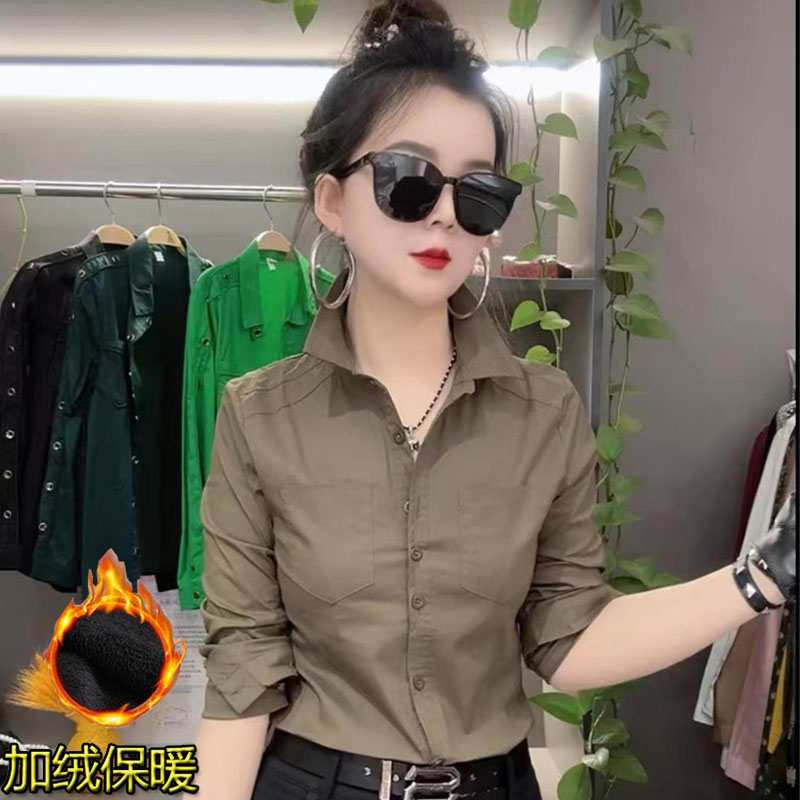 时尚加绒衬衫女长袖秋冬2025新款职业OL衬衣韩版修身显瘦上衣百搭
