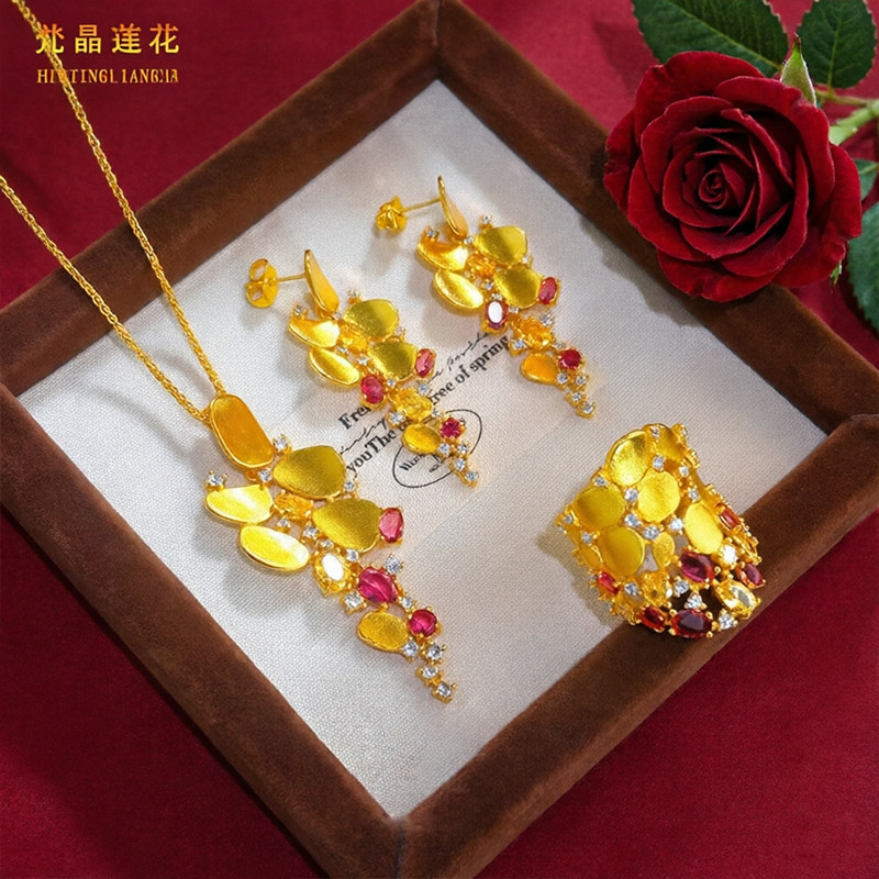 沙金时尚夸张红宝石不规则石榴红苍兰新娘套装项链耳环仿真假黄金