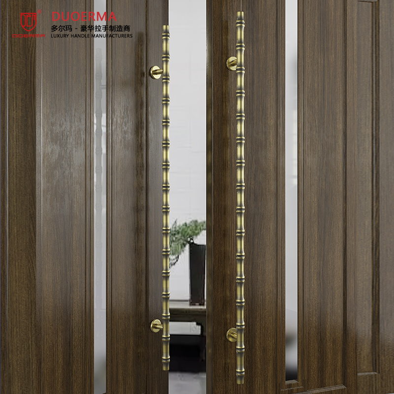 不锈钢有框玻璃门红古铜色拉手青古铜色竹子外形款式实木大门把手
