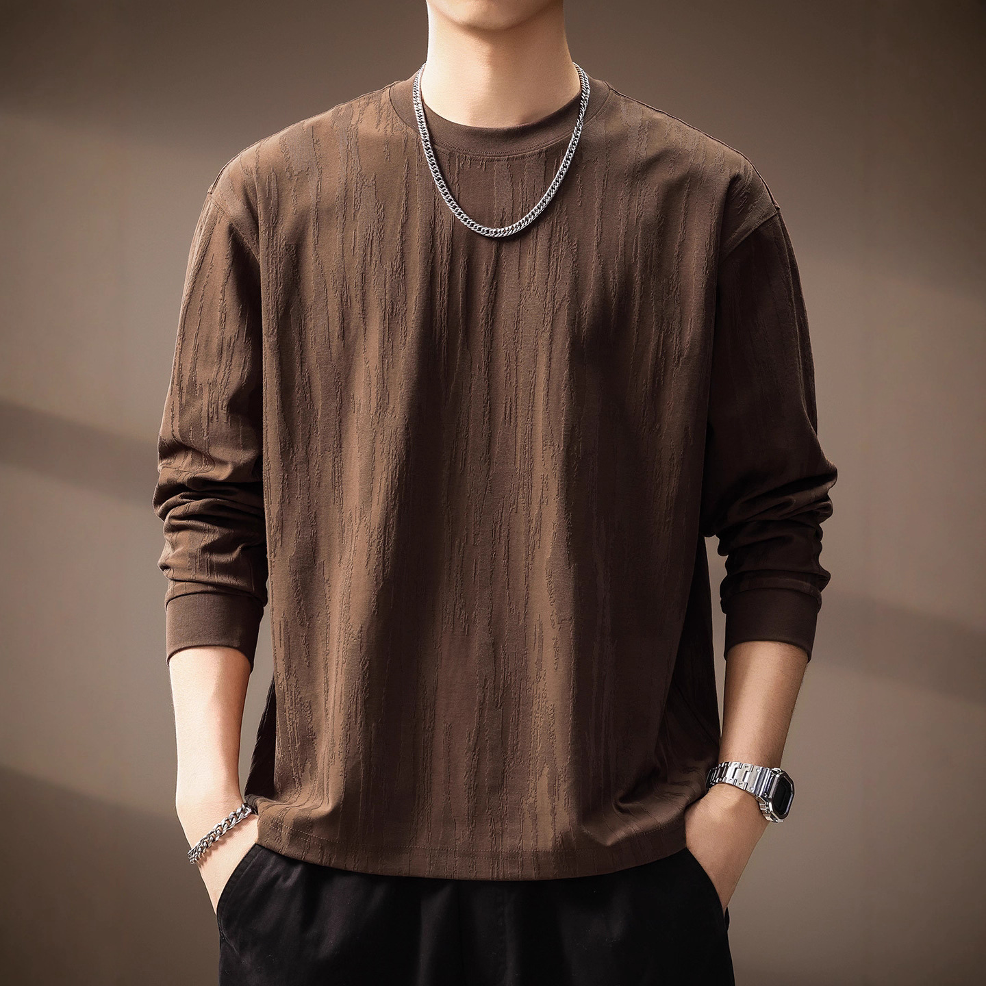 高端树皮肌理感长袖T恤男秋季