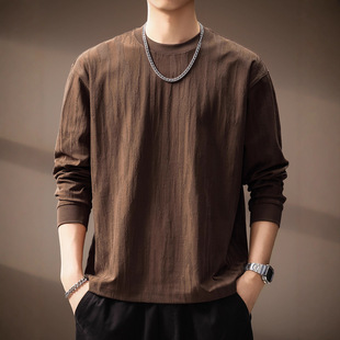 高端树皮肌理感长袖T恤男秋季新款潮牌宽松圆领休闲上衣质感体恤