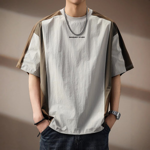 高端男士撞色速干凉感T恤夏季薄款插肩拼接上衣半袖户外运动短袖