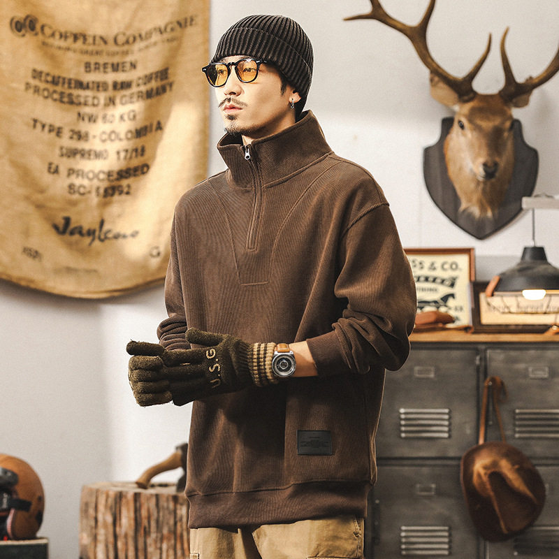 美式复古雪尼尔360g重磅半高领卫衣男春秋2026加绒宽松春装外套男