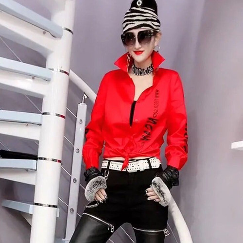 新款长袖棉衬衫印花时尚宽松上衣