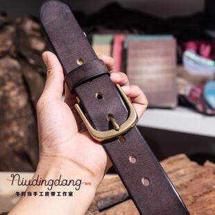 纯牛皮皮带男真皮美式复古植鞣皮裤腰带头层牛皮针扣铜扣手工皮带