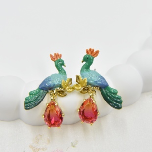 法国手工珐琅 伊甸乐园系列 孔雀耳环 耳夹 项链