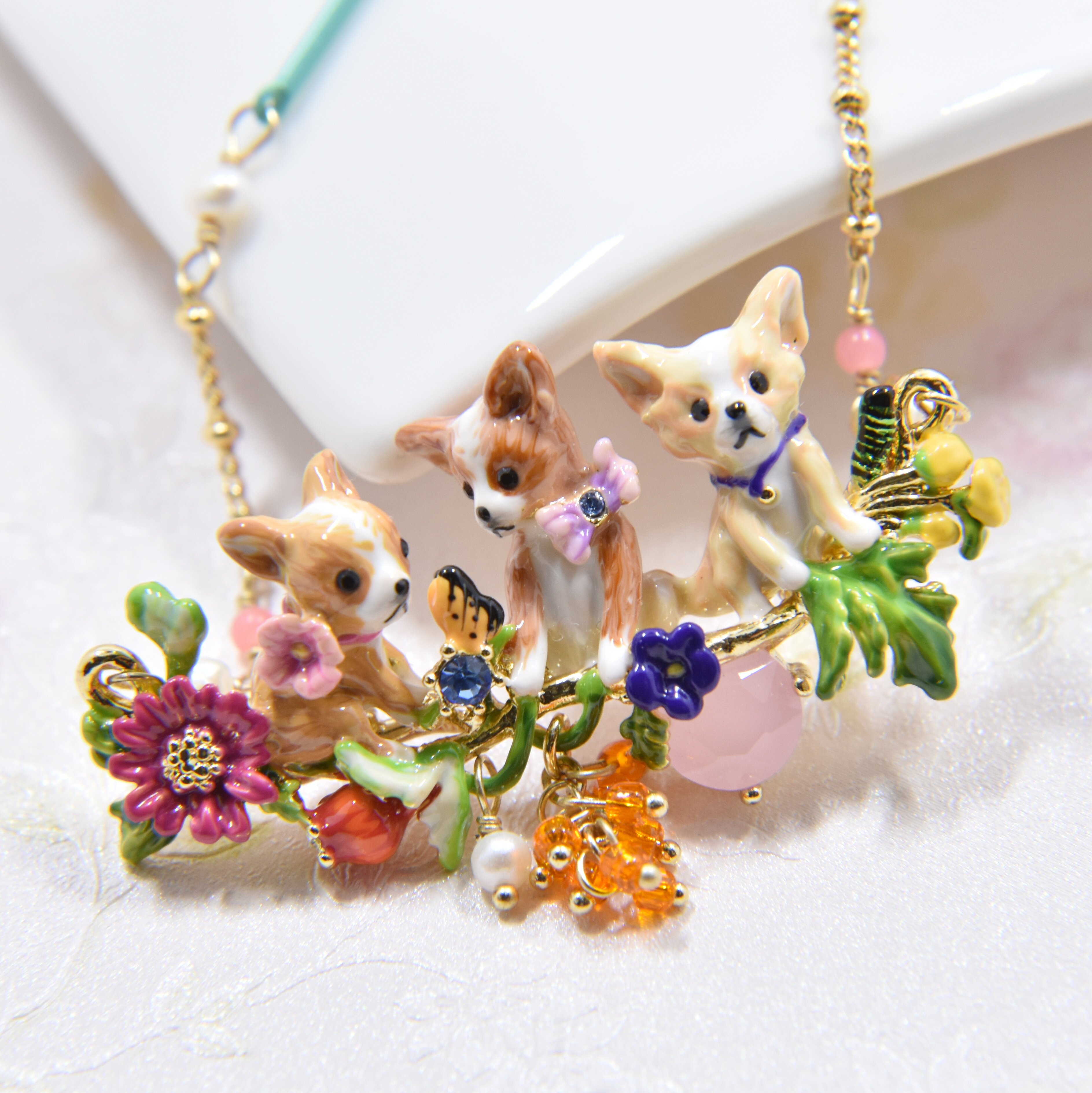 手工珐琅 吉娃娃系列 宝石花朵项链 可爱小狗 流苏耳环 耳夹戒指