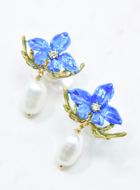 法国设计师手工珐琅制作 三色堇 淡水珍珠 蓝色花朵耳环耳夹