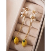 流苏耳环 粉白花朵 耳钉项链 可爱柠檬金黄果实 法国手工珐琅