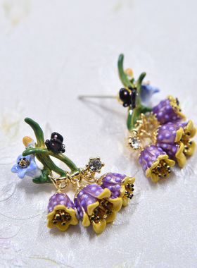 手工珐琅 紫色花朵 铃兰花 耳环流苏耳针耳夹 项链 戒指