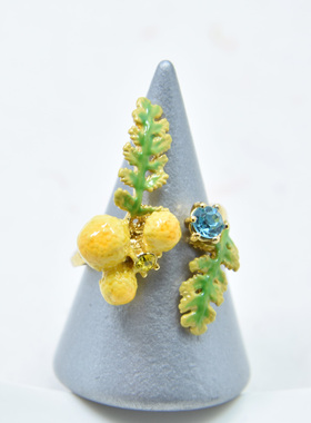 手工珐琅普罗旺斯 黄果串绿叶 含羞草 柠檬草 开口可调节戒指